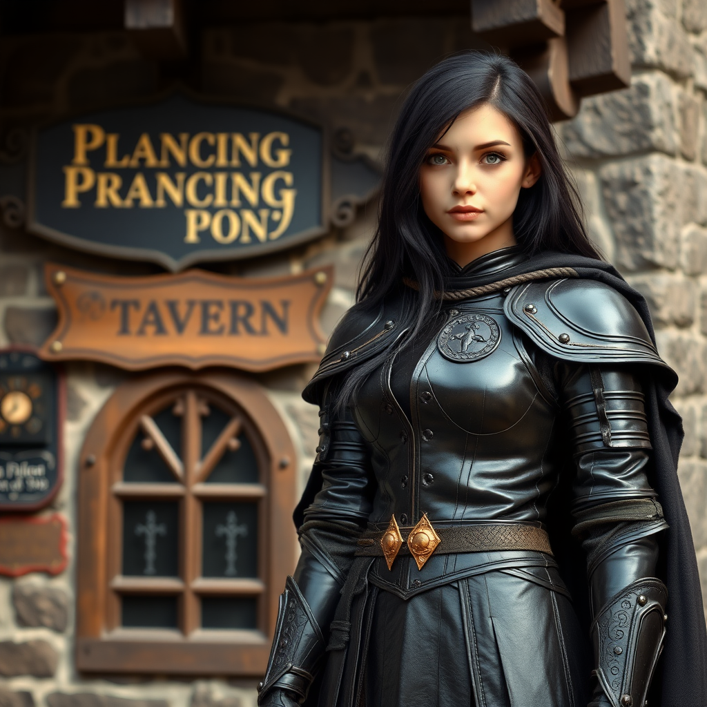 beautiful young woman, dark hair past her shoulders, blue eyes, small, slim figure, wearing full leather armor suit, long cloak, standing next to medieval tavern with sign: "Prancing Pony".