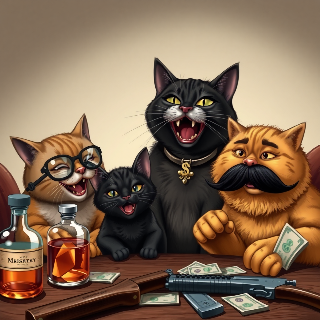 4 cats, one brown with round glasses, one dark brown with a necklace and gold teeth, a little black one with earrings, and an orange one with a large mustache, all laughing together around a table with alcohol, bills, and realistic weapons.