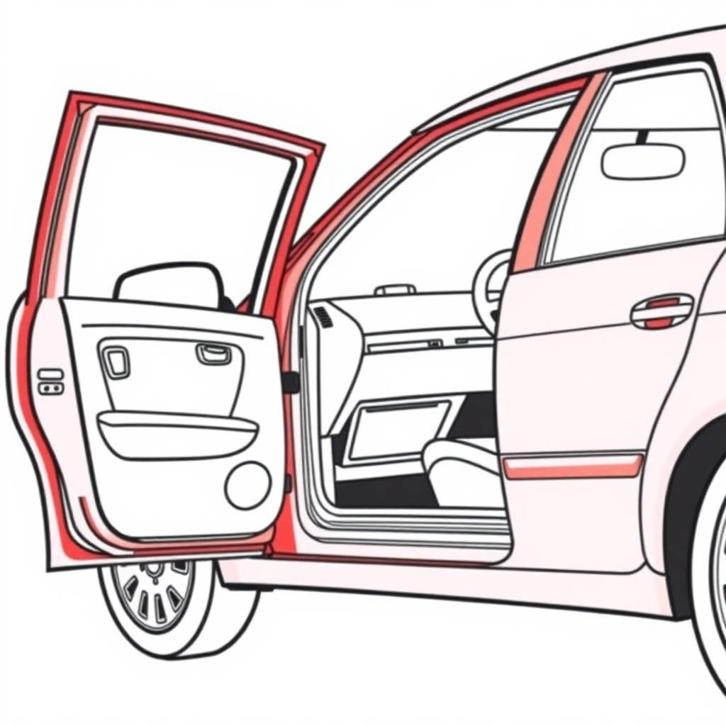 red vw polo II car, driver's door wide open, driving seat visible, long establishing shot, 2D, caricature, cartoon, Sketch lines, coloring book, coloring book style on white background, well composed, clean coloring book page, No dither, no gradient, strong outline, No fill, No solids, vector illustration, realistic proportions, blueprint, left side view