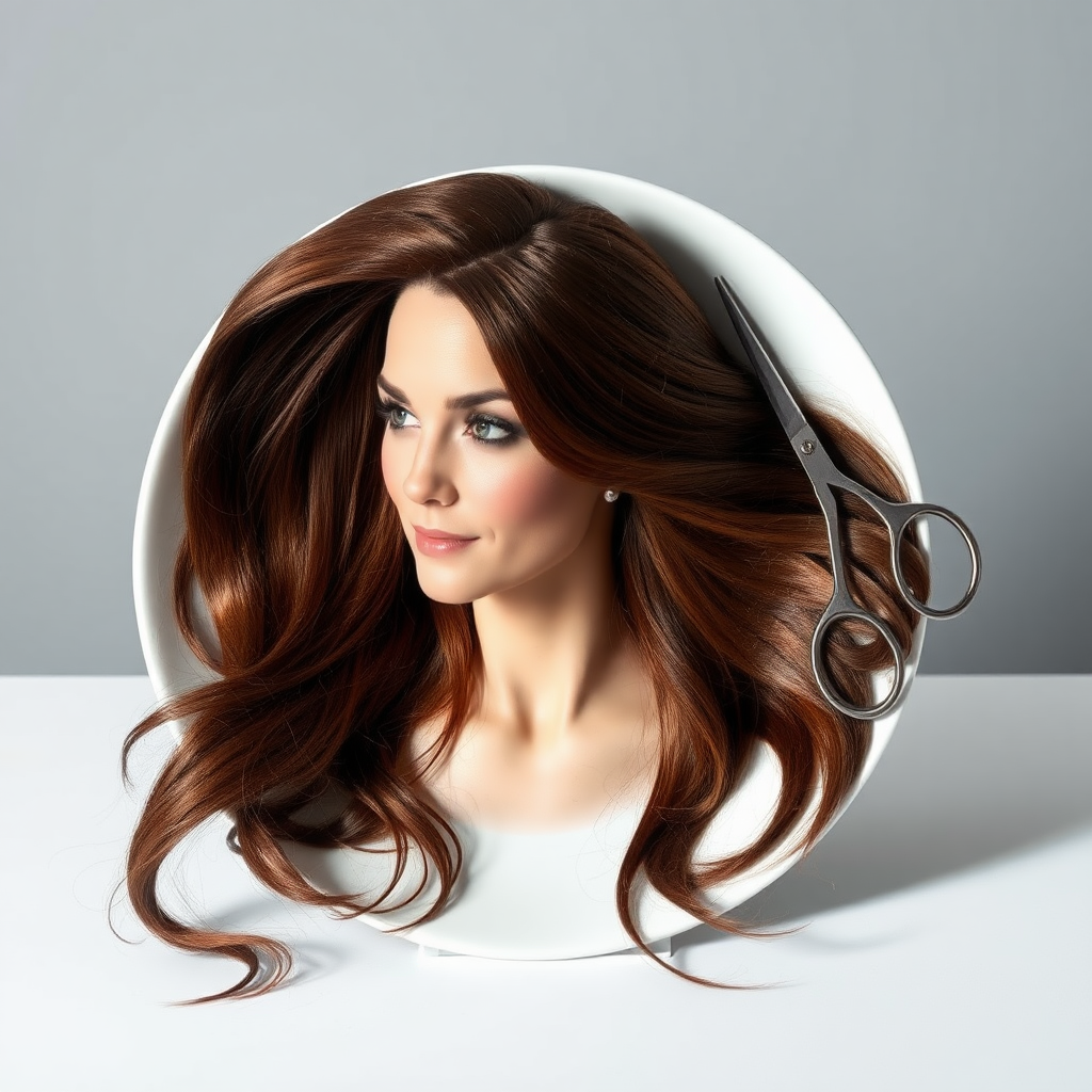 In a strikingly surreal scene, a beautifully crafted porcelain plate holds the disembodied head of a graceful Kate Middleton, her long, flowing hair cascading around like a luxurious waterfall of silky strands, shimmering in various shades of deep chestnut. Each hair seems to catch the light, creating an almost ethereal glow. Nearby, a meticulous hairdresser, dressed in a sleek black apron, carefully snips away at Kate's locks with precision scissors, their actions fluid and deliberate, emphasizing the delicate artistry of the moment.

The setting boasts minimalist decor, with a plain gray background that heightens the focus on this bizarre tableau. Soft shadows play across the smooth surface of the plate, enhancing the haunting beauty of Kate's serene expression, which conveys both elegance and an uncanny sense of stillness. The atmosphere is a blend of surreal calm and unsettling intrigue, pulling the viewer into a dreamlike space where reality and imagination intertwine. Gentle noises of scissors softly clipping away hair are the only sounds in this peculiar yet captivating scenario, heightening the tension and drawing viewers into this striking juxtaposition of beauty and the bizarre.