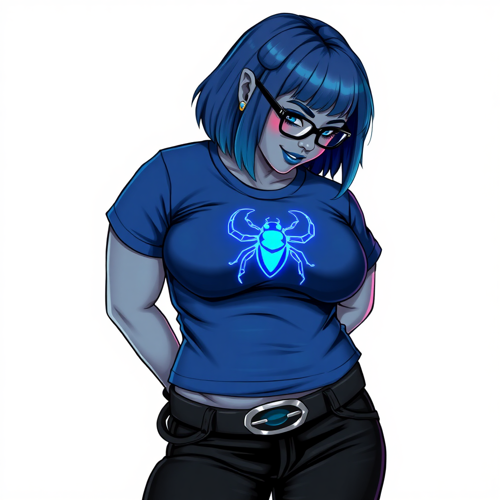 A 28-year-old, full-figured, metallic middle gray skinned computer program hybrid with a maximum blue bob cut. She has a non-athletic build, highlighted by a prominent, round midsection (with a focus on her belly). As a digital sidekick and computer hacker to her cyberpunk vigilante boyfriend, her middle gray metallic skin and maximum blue lipstick emphasize her digital nature. She wears a tight-fitting, maximum blue t-shirt (accentuating her belly) with a neon blue glowing chest icon of a beetle, black pants, a black belt with a sapphire scarab buckle, and black gloves. Her bright blue eyes, black eyeglasses, and shy smile with neon red blush accentuate her nerdiness. She bashfully bows her head with her hands behind her back, her t-shirt covering her midsection (especially her belly) and emphasizing her full-figured, non-athletic physique. She is on a solid white background. She is drawn as if she was in a retro 2D cyberpunk fighting game. She is clearly non-athletic, with a focus on her full figure. Make sure her t-shirt covers her midsection (especially her belly).