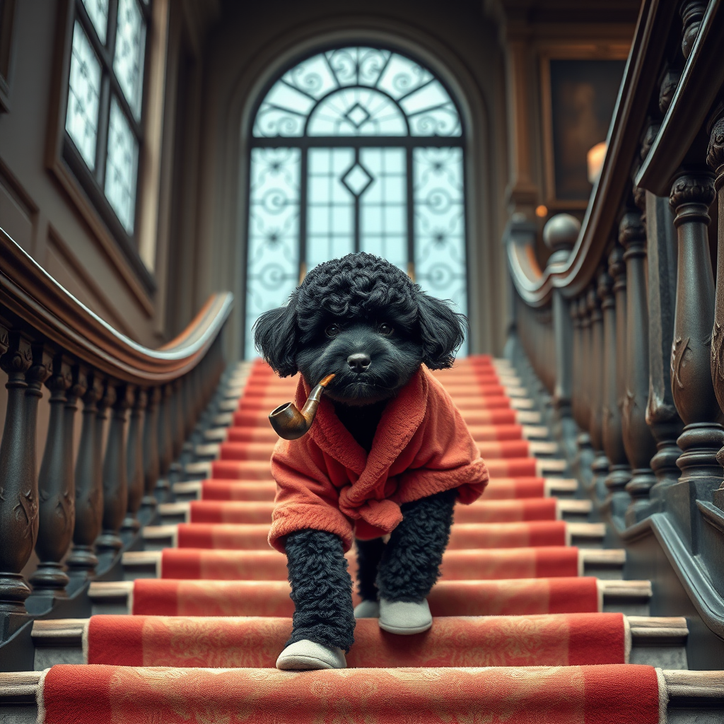 A realistic black mini poodle wearing a Hugh Hefner style robe, pipe in mouth, slippers on, coming down the stairs in a huge mansion.