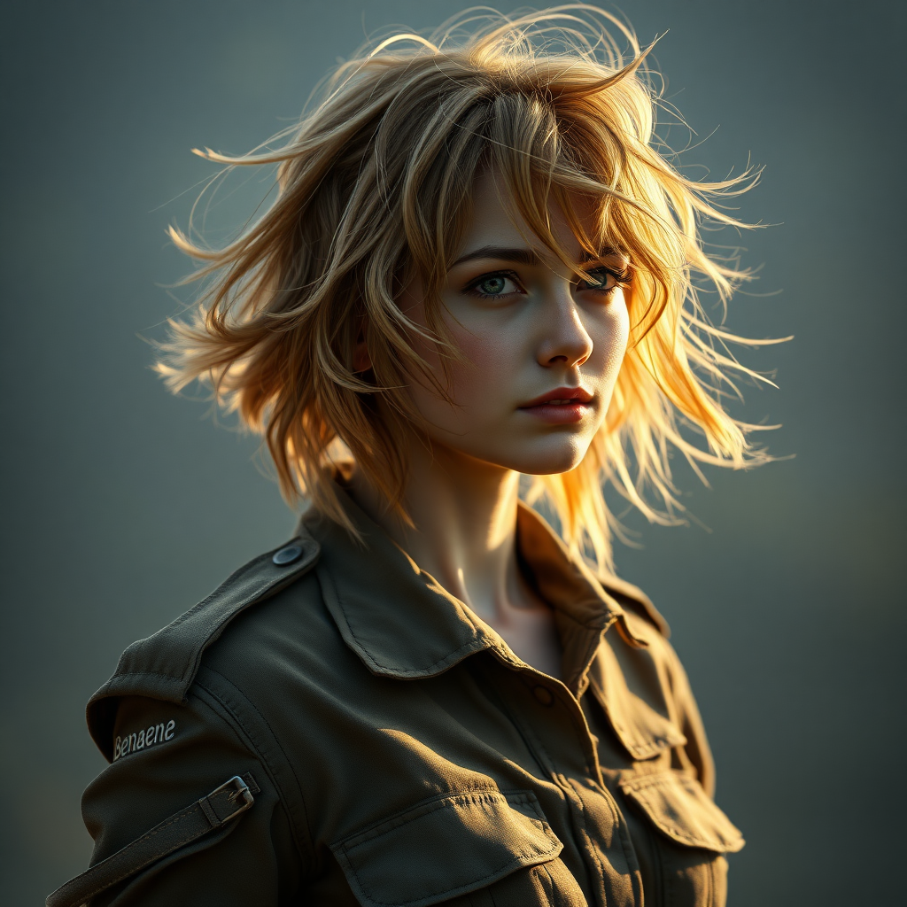 A full body shot from behind of a pretty twenty-something female with a face resembling (ana de armas). strawberry blonde messy shoulder length hair tussled by wind. military outfit, "Benaenae" badge on the breast pocket. Hyper-realistic, Photorealistic digital matte painting, soft focus, film grain, lens flare. gritty, dirty, scuffed.