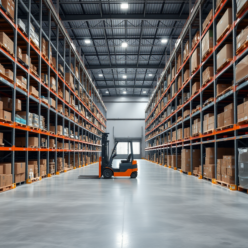 Create a high-resolution photo of a modern warehouse interior. The scene should include tall shelves filled with various boxes and products, a spacious layout with clear concrete pathways, and bright overhead lighting. Include a forklift without an operator and a partially open gate in the distance. The overall atmosphere should convey efficiency and organization, with a clean and professional look.