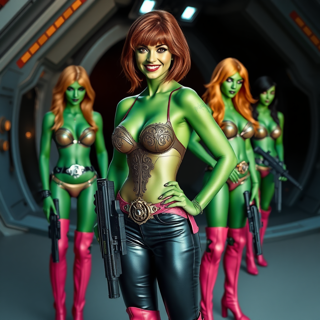 Tall, beautiful green-skinned woman. Her brown hair is in a shag-cut style. Her eyes are gold. She is dressed in an ornate metal bra. She is wearing black leather pants, with pink knee-high boots. She has her hands on her hips. She is smiling. A sci-fi looking gun is holstered at her hip. Four other green-skinned women, dressed in metal bikinis, each carrying a weapon, stand next to her. They are at a sci-fi looking space-port.