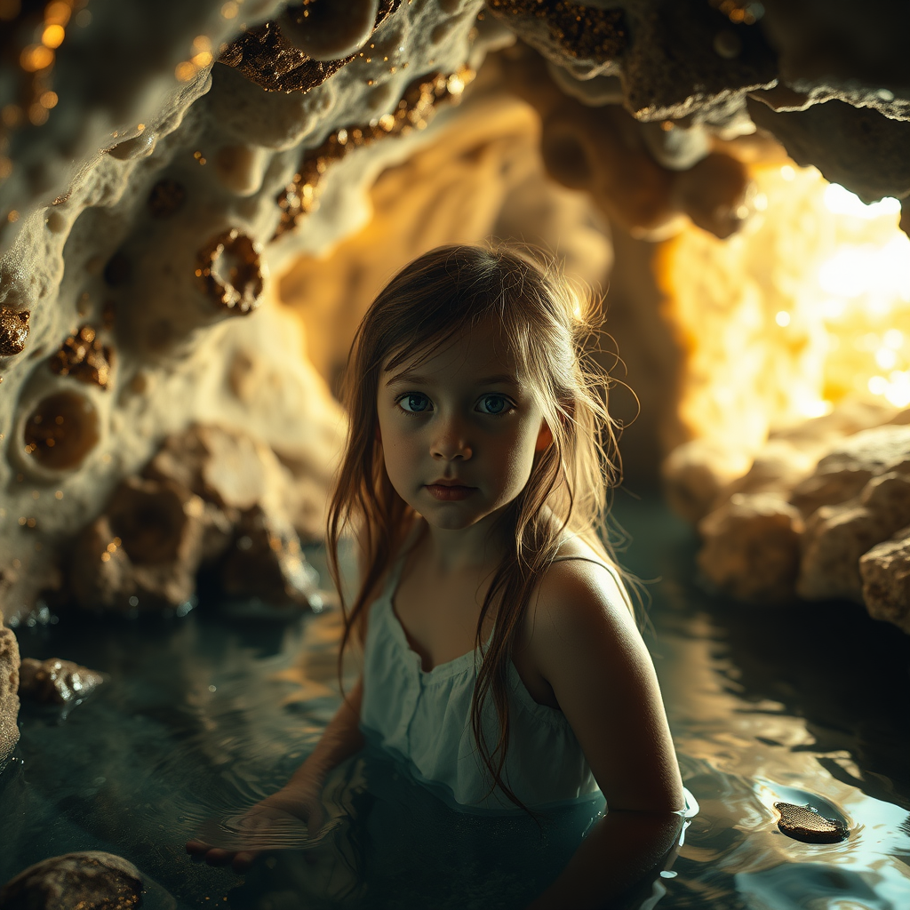 a young girl in a flooded cave, bjd, high quality photo, intricate environment, ultra-detailed, impressionistic, dynamic composition, artistic photograph, geode, alabaster, gold, fractal, intense colors, glittering, sunlight, illumination, transparency, mandelbulb