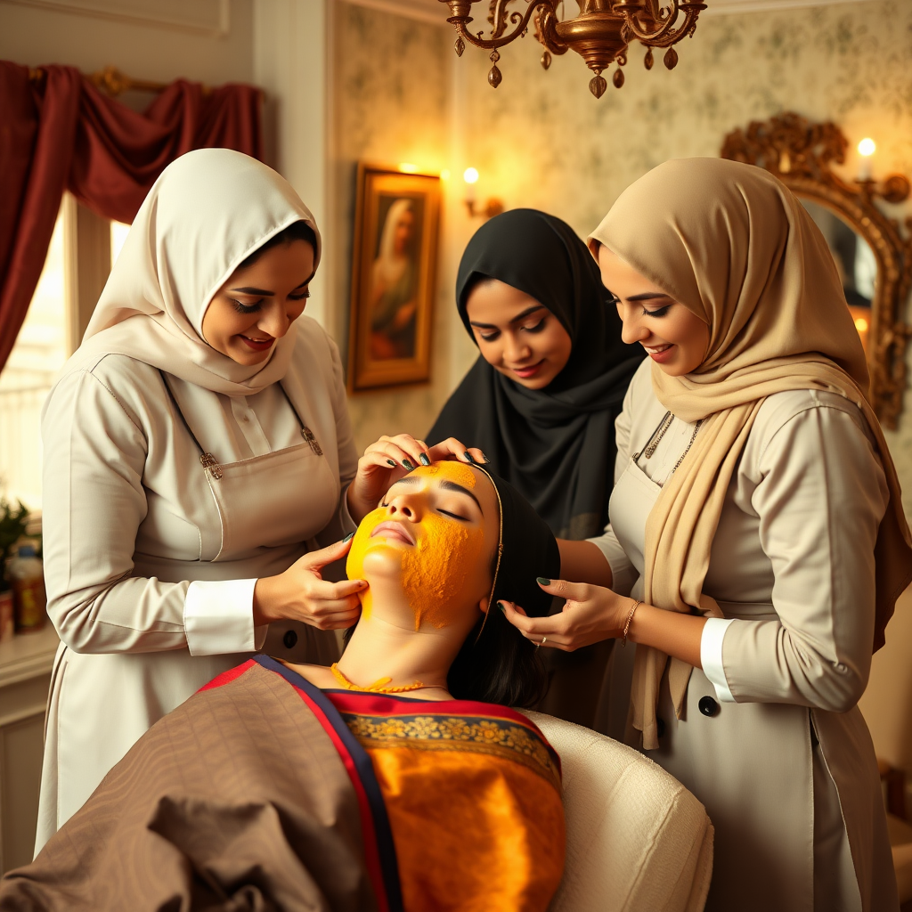 2 French maids with hijab, working in a beauty parlour, giving a turmeric facial to a wealthy Indian wife.