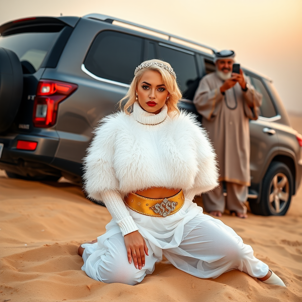 Kuwait desert dunes misty dawn, full size luxury SUV: Melissa, European 17 years old very convincing femboy “trophy-bimbo”, tamed servile docile, very beautiful feminine flawless face, rather short, by hormones very curvaceous womanly figured, platinum blond short tight curls, bold red lips, heavily made-up face, wearing Supertanya-style fluffy very fuzzy bright white angora turtleneck-poncho cropped ending under bust decorated with pearls and gemstones, striking oriental wide gold bridal protection belt, white fully transparent harem pants, full Oriental bridal jewelry with striking headpiece, full Oriental face-jewelry, striking diamond “$$$” letter brooch on left chest, pout frustrated, hands tied behind back, kneeling in sand in front of SUV, looking at camera. Focus on face and turtleneck-poncho. Standing behind leaning against SUV: older overweight mighty sheik laughing taking pictures with mobile phone.