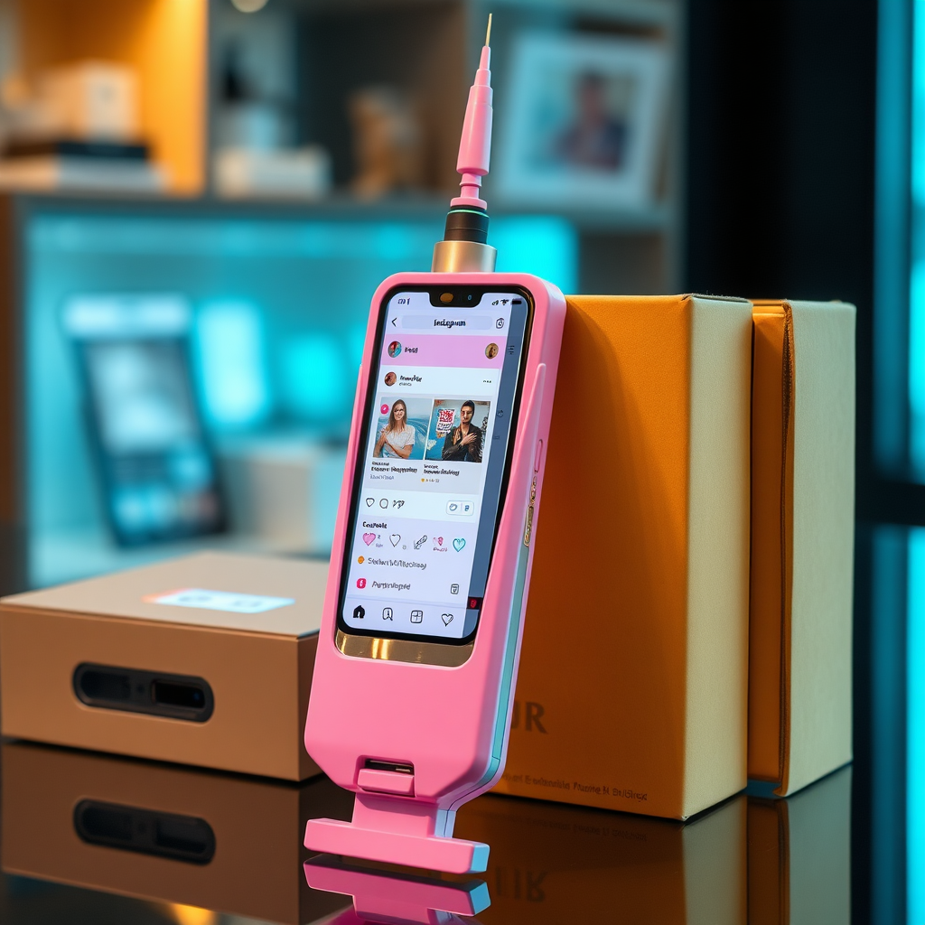 A close-up straight front view of a mobile phone in the shape inspired by a syringe, white pink futuristic, kept for sale leaning to a box, in a showroom, metallic body, touchscreen phone with Instagram page open on screen, needle on top, whitepunk