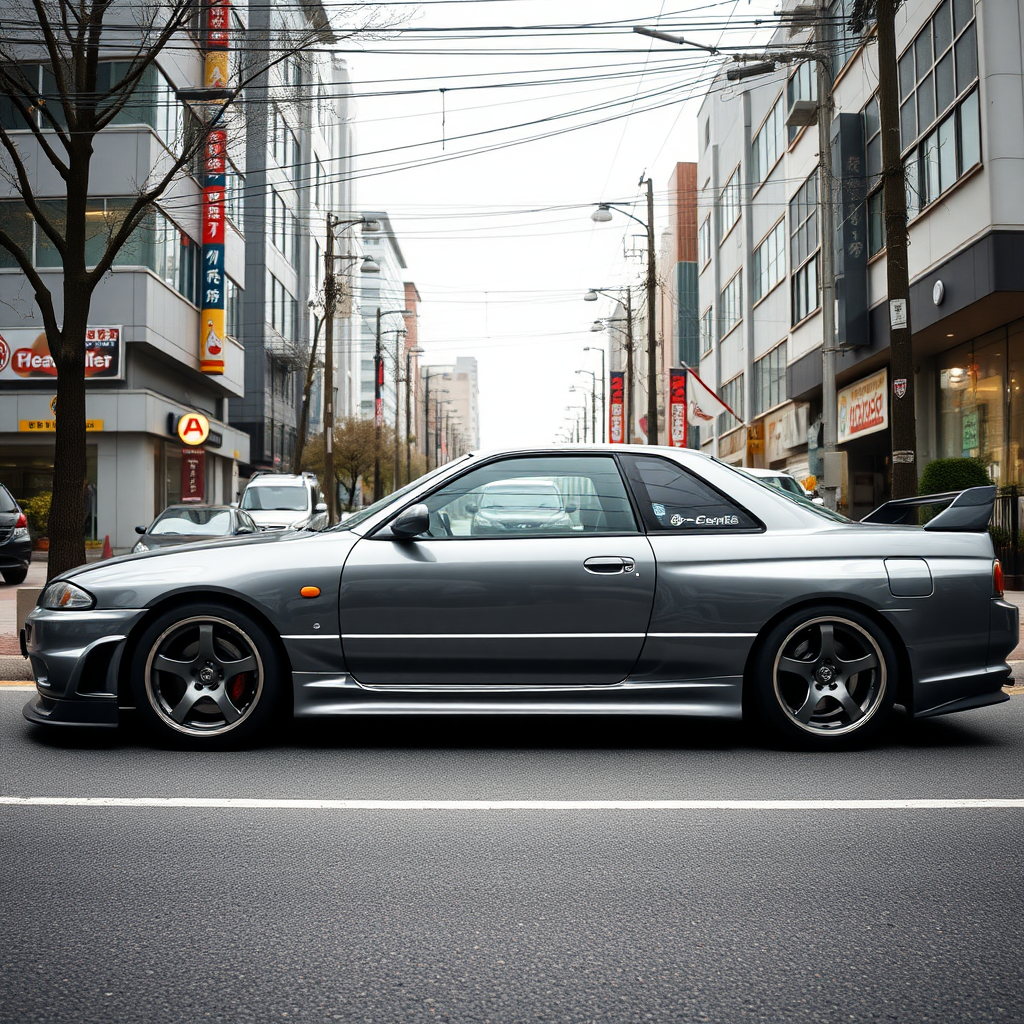 The car is parked on the side of the road, inspired by Taiyō Matsumoto, tumblr, restomod, nd4, c4 metallic shine gray black nissan skyline r34 tokyo gece cosplay kadınlar arkaplan hatasız tam eksiksiz ayrıntılı genel gerçek detaylar en iyi fotoğraf poz