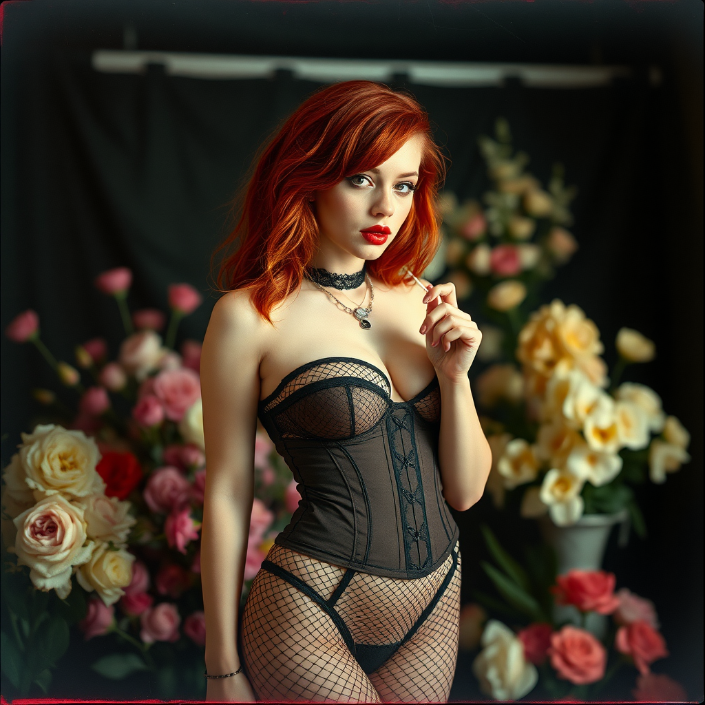 a scan of an old film photo with heavy dark vignetting and color ting and light leak and visible wear and cracking with visible lines from being folded depicting a sexy curvy alt goth girl with red hair wearing a cupless underbust corset and fishnet bra barely covering nipples and with tiny tight fishnet bikini gstring thong panties standing in a photography studio filled with flowers, sucking on a small red lollipop with innocent look on her face