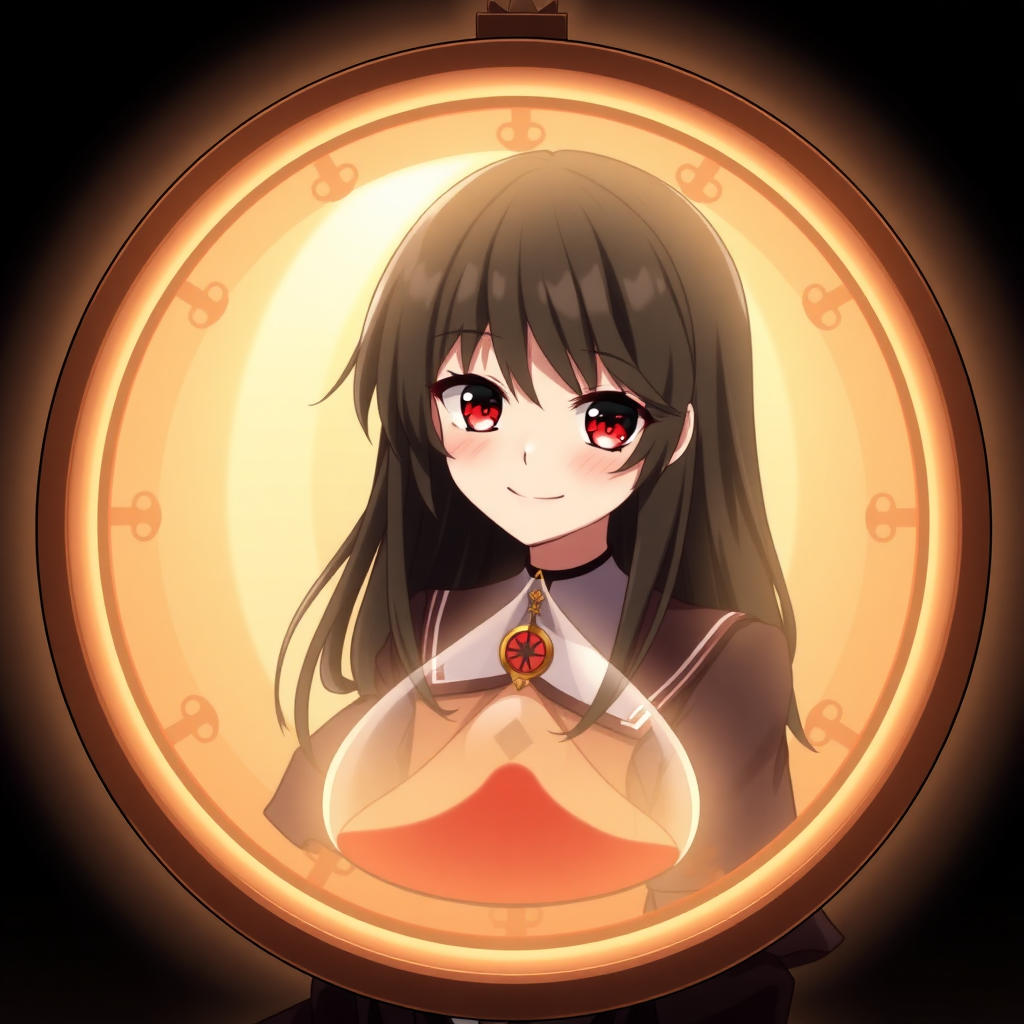 An anime girl with black hair and red eyes is wearing an hourglass. She has a smile like a villain.