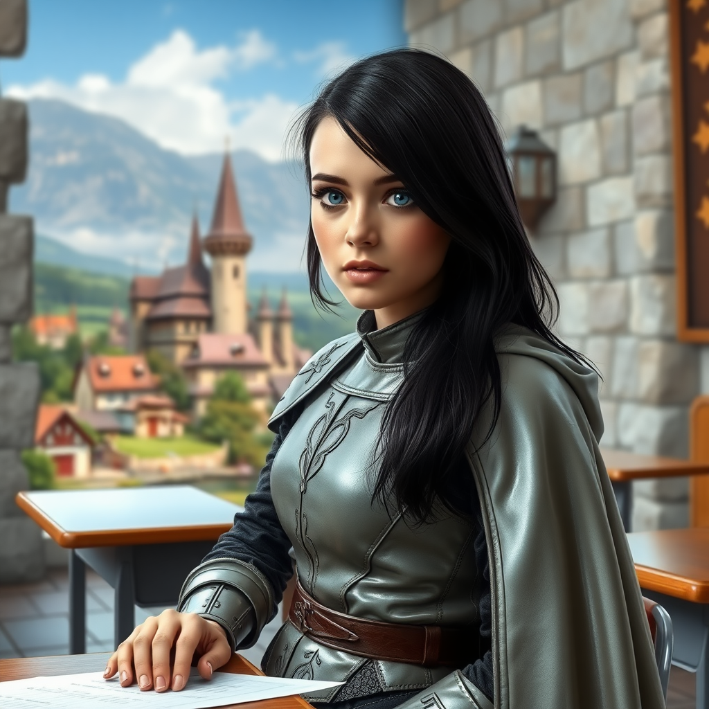 beautiful young woman, dark hair past her shoulders, blue eyes, small, slim figure, wearing light full leather armor suit with long cape, sitting in a school classroom at student desk with the wall missing with a beautiful medieval village in the background.