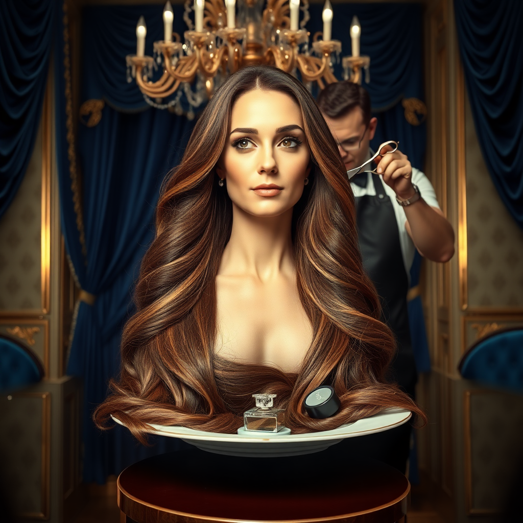 In a bizarre, surreal tableau, the polished surface of an elegant dining plate cradles the disembodied head of a strikingly beautiful Kate Middleton, her long, flowing hair cascading like a glossy waterfall of deep chestnut and honey highlights. The hair is luxuriously arranged, strands shimmering under the soft, ambient light that bathes the scene in an ethereal glow. Surrounding her head is an opulent, lavishly decorated dining room, rich with plush, velvet drapes in royal blue and golden accents that invoke a sense of grandeur.

A skilled hairdresser, clad in a sleek black apron, stands poised with a pair of gleaming scissors, carefully trimming the endlessly luxurious locks that frame Kate's serene, almost ethereal features. The air is thick with the scent of salon products mingling with delicate hints of floral fragrances, creating an unusual yet strangely inviting atmosphere. The hairdresser's focused expression reveals a meticulous dedication as snippets of hair fall gracefully onto the pristine plate, echoing a sense of both artistry and absurdity.

In the background, an ornate chandelier glimmers overhead, casting intricate shadow patterns on the richly textured walls, enhancing the surreal elegance of the scene. The overall emotional tone conveys a dreamlike quality, inviting viewers to ponder the juxtaposition of beauty, identity, and the bizarre circumstances that bind them in this extraordinary moment.