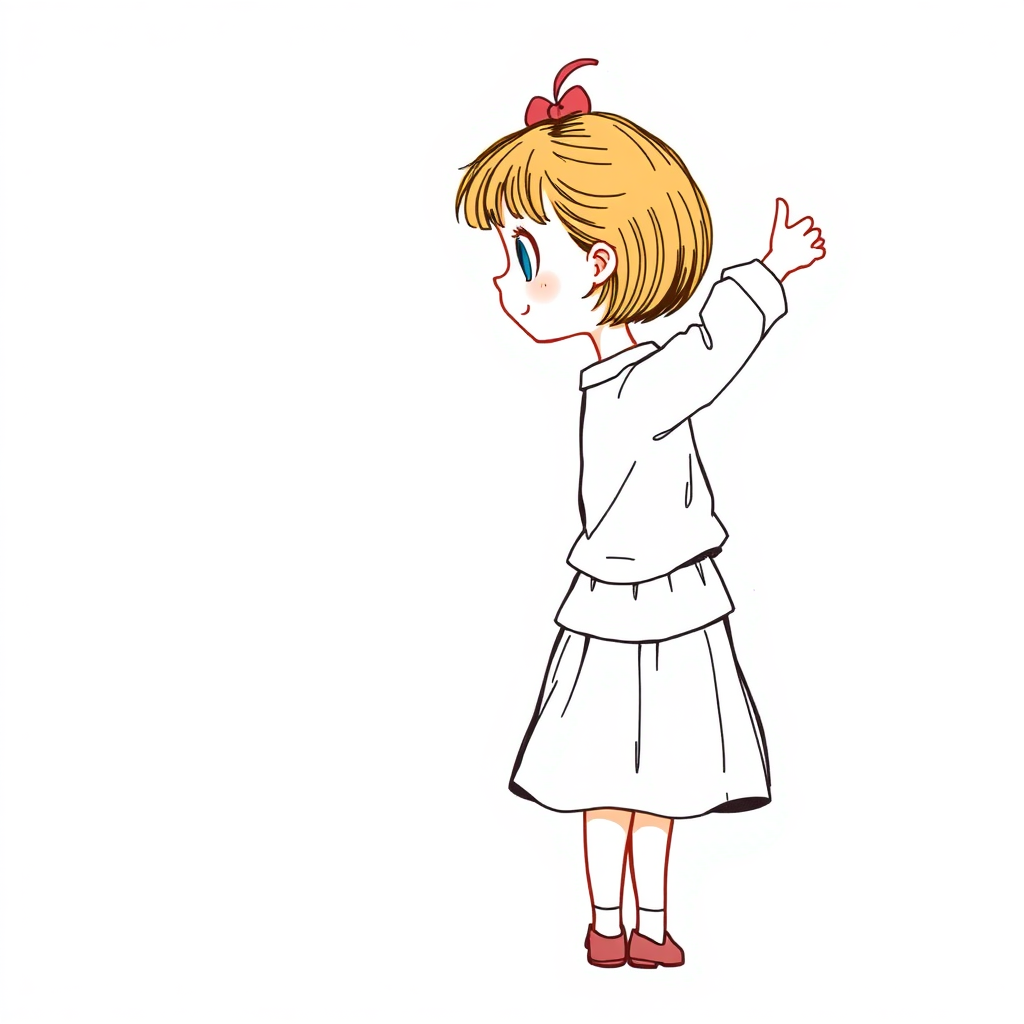 a cute, happy LITTLE GIRL drawn from the profile. Looking to the side up reaching forward. The hand points to the right.cute ink sketch style illustration in Cheerful colors. full body. hands up right. A nine-year-old GIRL.  The girl wears a skirt and a long-sleeved shirt.