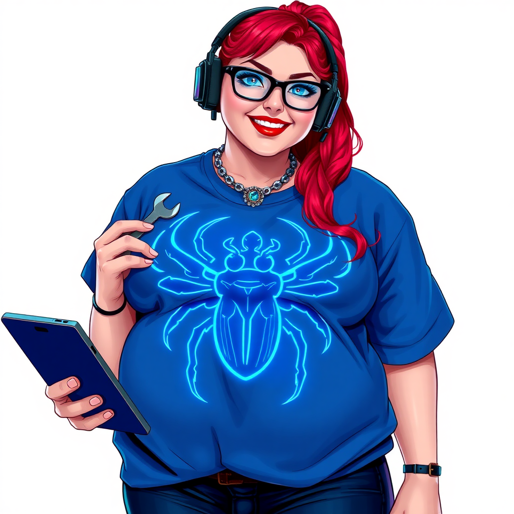 A cyberpunk vigilante’s full-figured intelligent and tech-savvy 29-year-old girlfriend, who is a computer hacker and tech genius. She has a long ruby red ponytail and bright blue eyes. She wears a sapphire beetle gemstone necklace, and an oversized Maximum Blue (RGB 71, 171, 204) t-shirt featuring a giant neon blue glowing icon of a beetle on its chest. She has a full-figured physique with a prominent, gargantuan, round midsection, reflecting her well-cared-for lifestyle. The midsection is heavily emphasized. She sports a sapphire headset with hi-tech Maximum Blue (RGB 71, 171, 204) lensed HUD visor, Maximum Blue (RGB 71, 171, 204) lipstick, black eyeglasses, and a beaming smile with a passionate bright red blush. Despite her figure and a lack of self-esteem, she radiates an air of beauty. She has an angular face which contributes to her radiant beauty. She serves as his tech expert from his hideout, holding a holographic tablet and a hi-tech tool wrench. The background is solid white. She is drawn as if she was in a retro 2D cyberpunk fighting game. Make sure her shirt covers her round midsection.