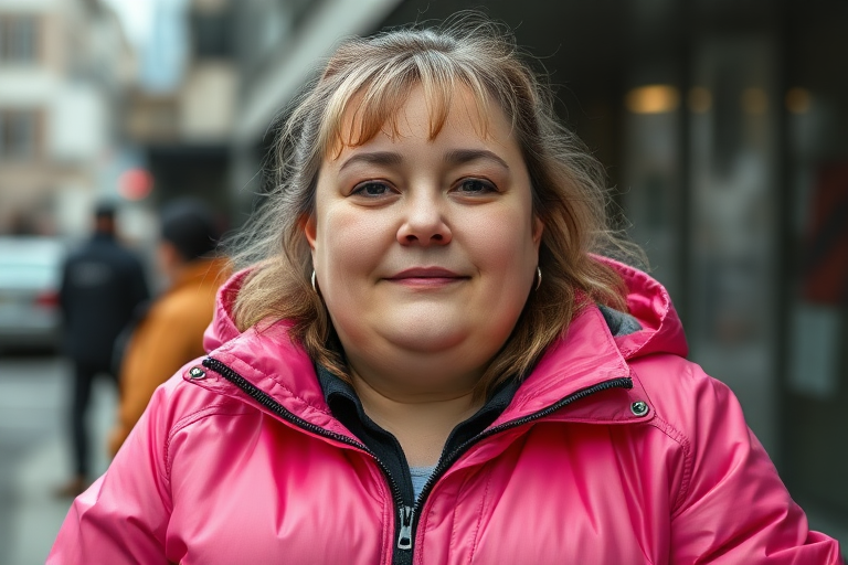 35 year old woman, fat face, pink pvc jacket