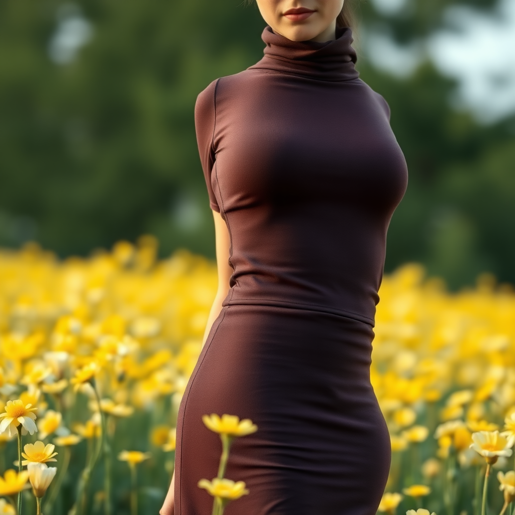 A slim girl in a dark brown turtleneck crop top and dark brown body-tight skirt, standing in a field of yellow and white petal flowers, close-up shot, slim model face.