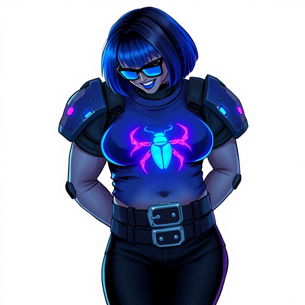 A 28-year-old, full-figured, metallic middle gray skinned cyberpunk computer program hybrid with a short maximum blue bob cut. She has a non-athletic build, highlighted by a prominent, round midsection (with a focus on her round belly). As a digital sidekick to her cyberpunk vigilante boyfriend, her middle gray metallic skin and maximum blue lipstick emphasize her digital nature. She wears a digital, computerized costume consisting of a huge, tight-fitting, neon blue glowing armored, maximum blue t-shirt (accentuating her belly) with a neon blue glowing chest icon of a beetle, black pants, a black belt with a neon blue glowing digital beetle buckle, and black hi-tech gloves. Her bright blue eyes, black eyeglasses with lenses glowing bright neon blue, and shy smile with neon red blush accentuate her nerdiness. She bashfully bows her head (while still facing the screen) with her hands behind her back, her t-shirt covers her midsection (especially her belly) and emphasizing her full-figured, non-athletic physique. She is on a solid white background. She is drawn as if she was in a retro 2D cyberpunk fighting game. She is clearly non-athletic, with a focus on her full figure. Make sure her outfit covers all of her bare skin (especially her midsection).