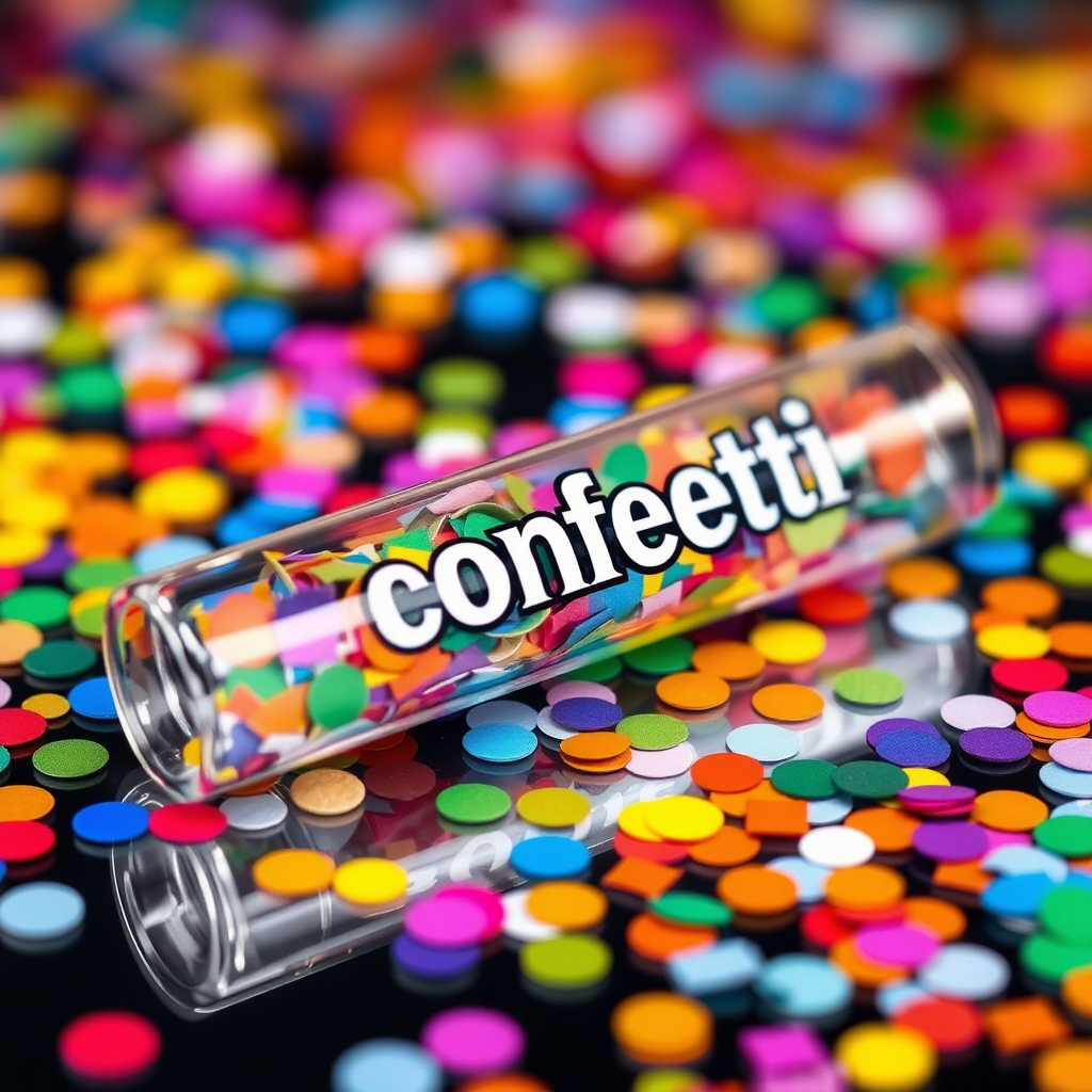 A photo of a glass fat transparent plain uniform confetti popper tube with colorful confetti inside and with text "confetti" on it, lying flat at an angle, with confetti around it, distant confetti blurred, white bold text with a black border, reflections on the tube glass, tube closed from both ends