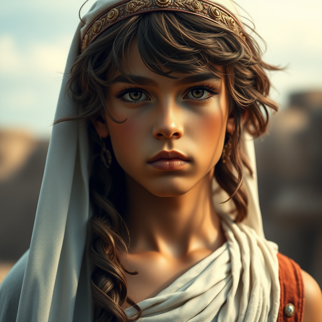 A beautiful ancient Babylonian teen boy, long hairs, long eyelashes, bridal vail. photorealistic, ultra high resolution, 16K.