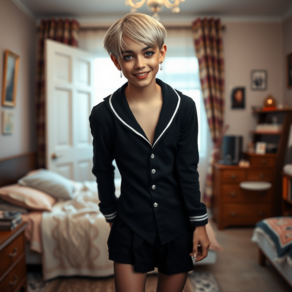 photorealistic, ultra high resolution, 16K, surreal fantasy, soft studio lighting, a pretty 16 year old goth male, slim male physique, short blonde hair, goth makeup, earrings, sheer pantyhose, UK girls-school uniform, Mary-Jane shoes, in the bedroom - , excited smile, facing the camera.