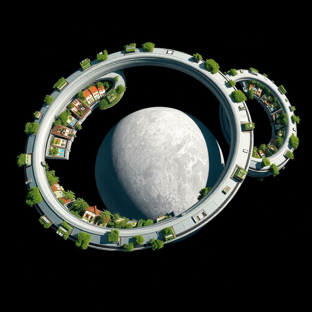 Three space stations, each with 5 glass doughnut rings, are orbiting a grey planet. Each ring contains neighborhoods of houses and is full of plants, trees, bushes, flowers, and grass.