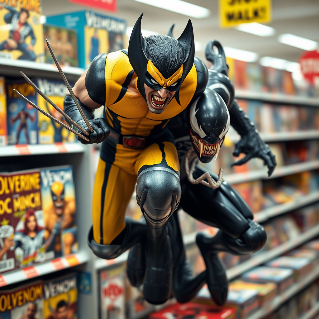 Jumping out of a comic book cover on a store shelf is Wolverine and Venom. Wolverine has his three claws, Venom in cinematic real 3D photo-realistic quality.