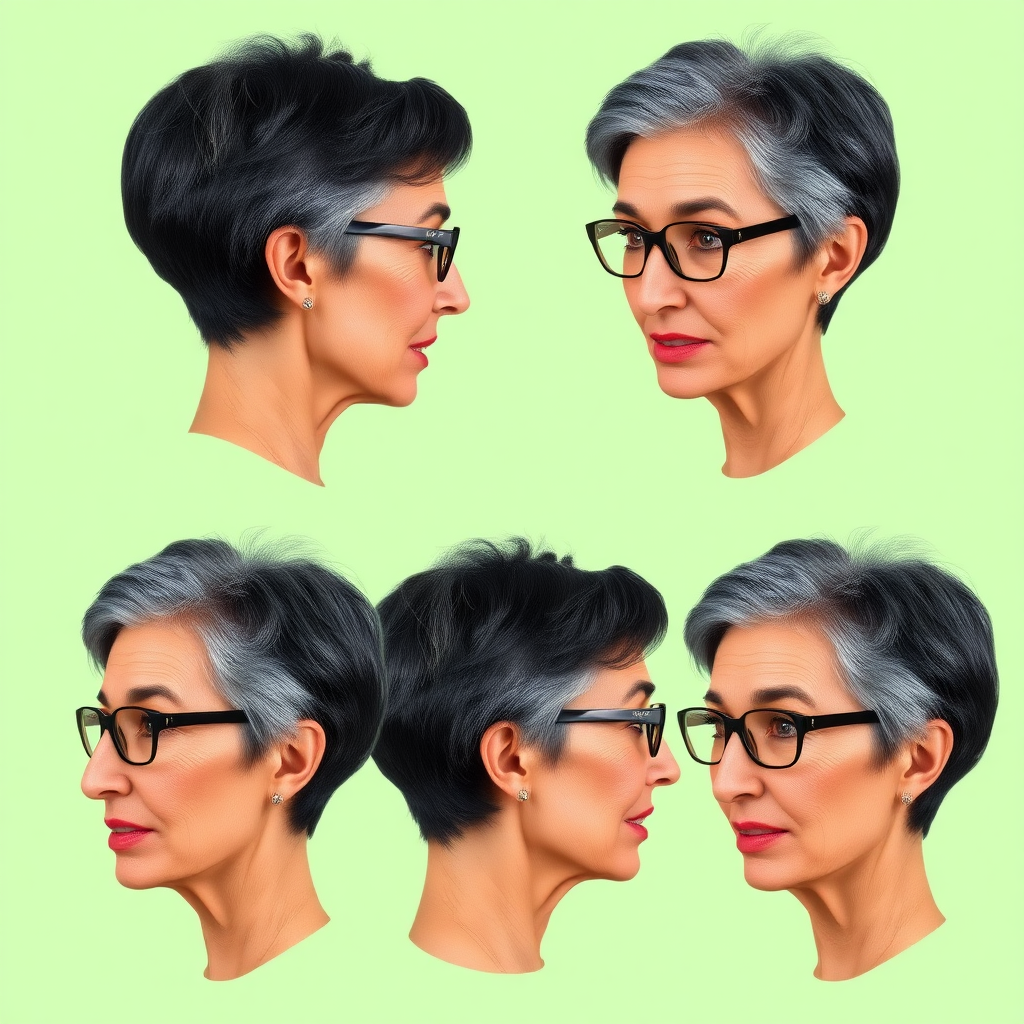 Photorealistic image of six headshots of a 50 years old, fit, European, Latina, sharp aquiline nose, wrinkles, high cheekbones, Middle Eastern, skinny, tanned skin, dark light skin, full makeup, jewelry, sharp nose, exaggerated expression, embarrassed, delighted, looking down, mouth open, dark grey ash hair, short bowl haircut, brown eye color, glasses, with detailed features. Each photo displays the same face in back, profile, and front view, cut out and isolated on a green background. All six heads are visible side by side, empty space around each view, no overlapping.