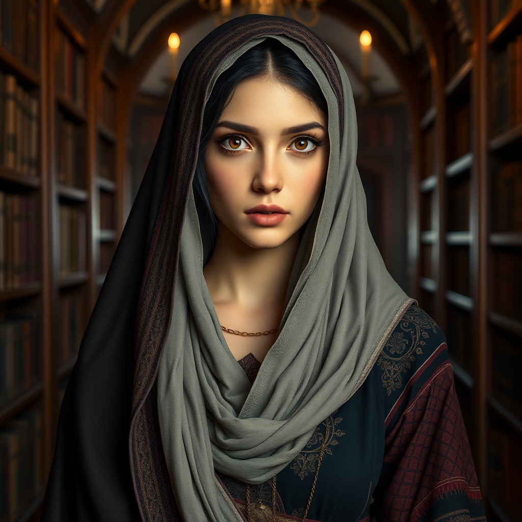 In the world of Vampire the Dark Ages, a beautiful and enchanting 17-year-old Muslim woman with Arab features and a cadaverous complexion, dressed like a Middle Ages Persian woman. The image should show the character from the head to the waist without showing her hair or neck. The background should depict a medieval library. High definition, photorealistic, 16K.