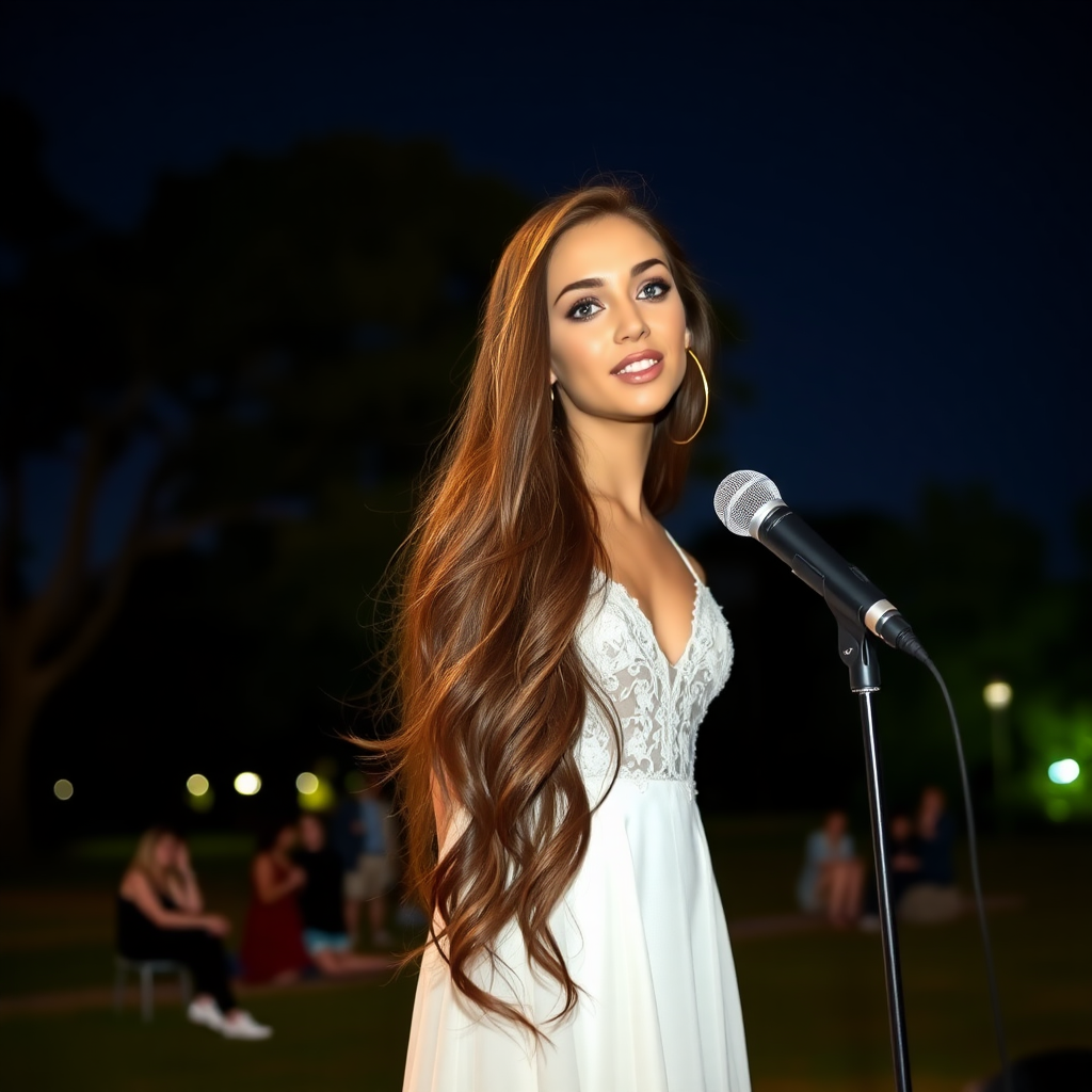 a young woman singing on a stage in a park. long brunette hair with highlights, bright blue eyes. suntanned skin. small lips colored pale rose. looking to the side. wearing an elegant long white dress with transparent lace and white pumps. night sky in background. photo