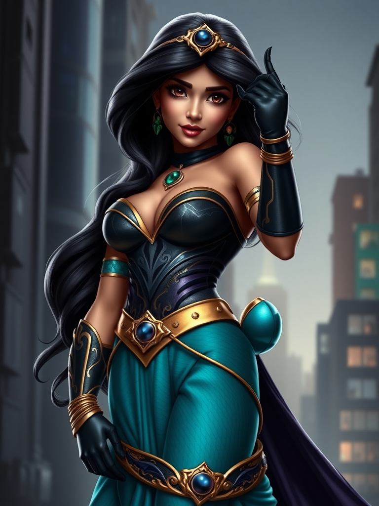 Create a full-length photorealistic render of Princess Jasmine, retaining her head while transforming her body type to that of Nightwing. Adjust body structure, gender traits, and silhouette to fit the new physique. Modify the costume appropriately to complement this new body type. Set the scene against a suitable background that reflects the essence of both characters, blending elements of Jasmine's Arabian theme and Nightwing's urban environment. Focus on capturing dynamic poses and details that showcase the fusion of their identities.