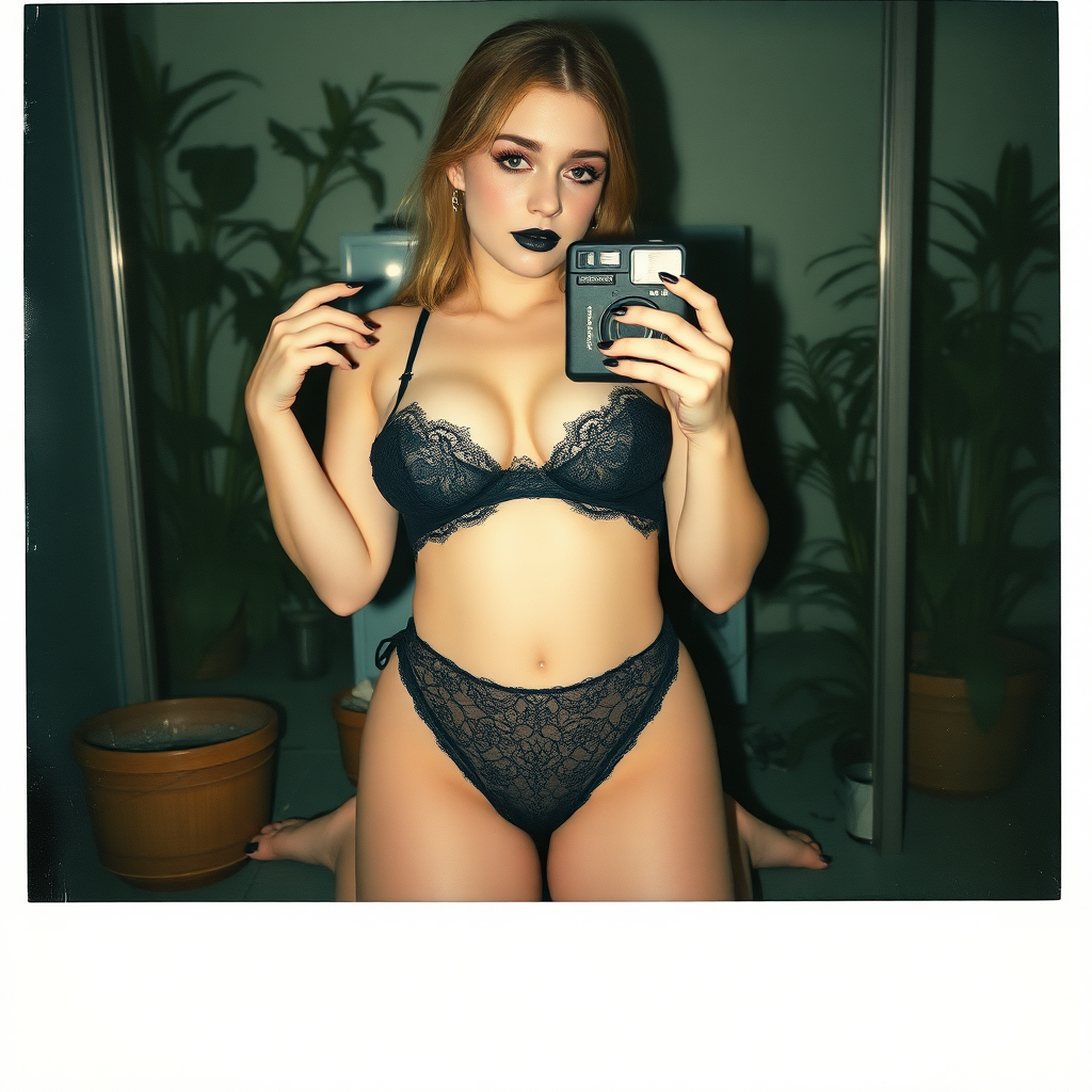 An old polaroid photo with a color tint to the photograph and visible light leaks. The photo depicts a reflection of a sexy girl with pale skin taking a selfie with an old film camera. Her booty is plump. She is gothic and wears seductive makeup with long eyelashes and black lipstick. Her mascara is running as though she has been crying. She has large breasts with ample cleavage. She is wearing a skimpy thong that leaves a gap between her pubic area and thigh. The fabric of her thong is black lace. Her bra is translucent and mesh. She is in a photography studio with artistic lighting, and plants are all around behind her. Her skin has a natural texture with visible pores and imperfections. Her nails are painted black. She is pulling her thong by the edge. She has a thigh gap. She is on her knees kneeling above a large mirror.