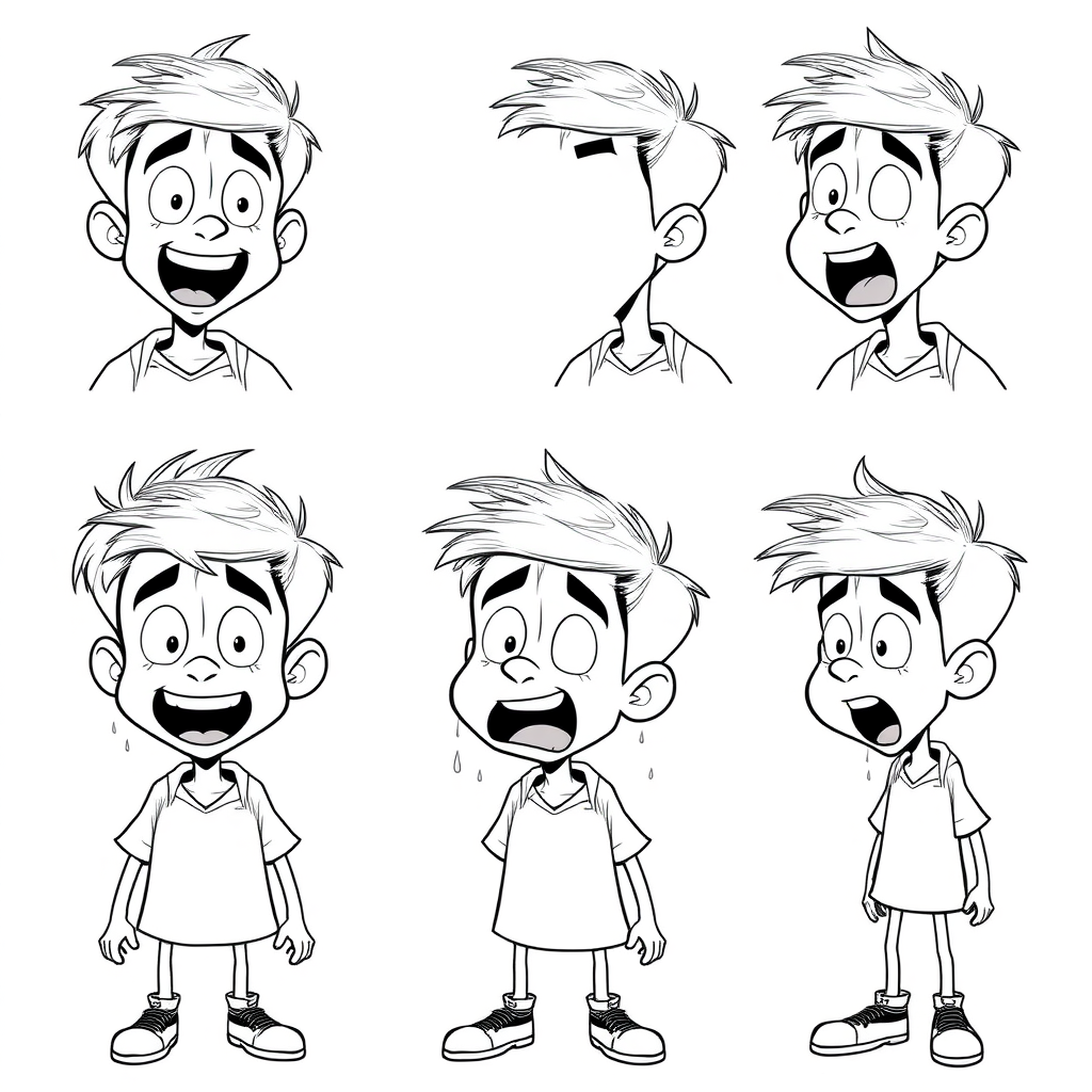 multiple views with progression, character design sheet, short, excited, smiling, amazed, open mouth, sweating, 15 year old european boy, drooling, detailed features, long establishing shot, 2D, caricature, cartoon, Sketch lines, coloring book, coloring book style on white background, well composed, clean coloring book page, No dither, no gradient, strong outline, No fill, No solids, vector illustration, side view, vector illustration, empty space around each view, movement lines