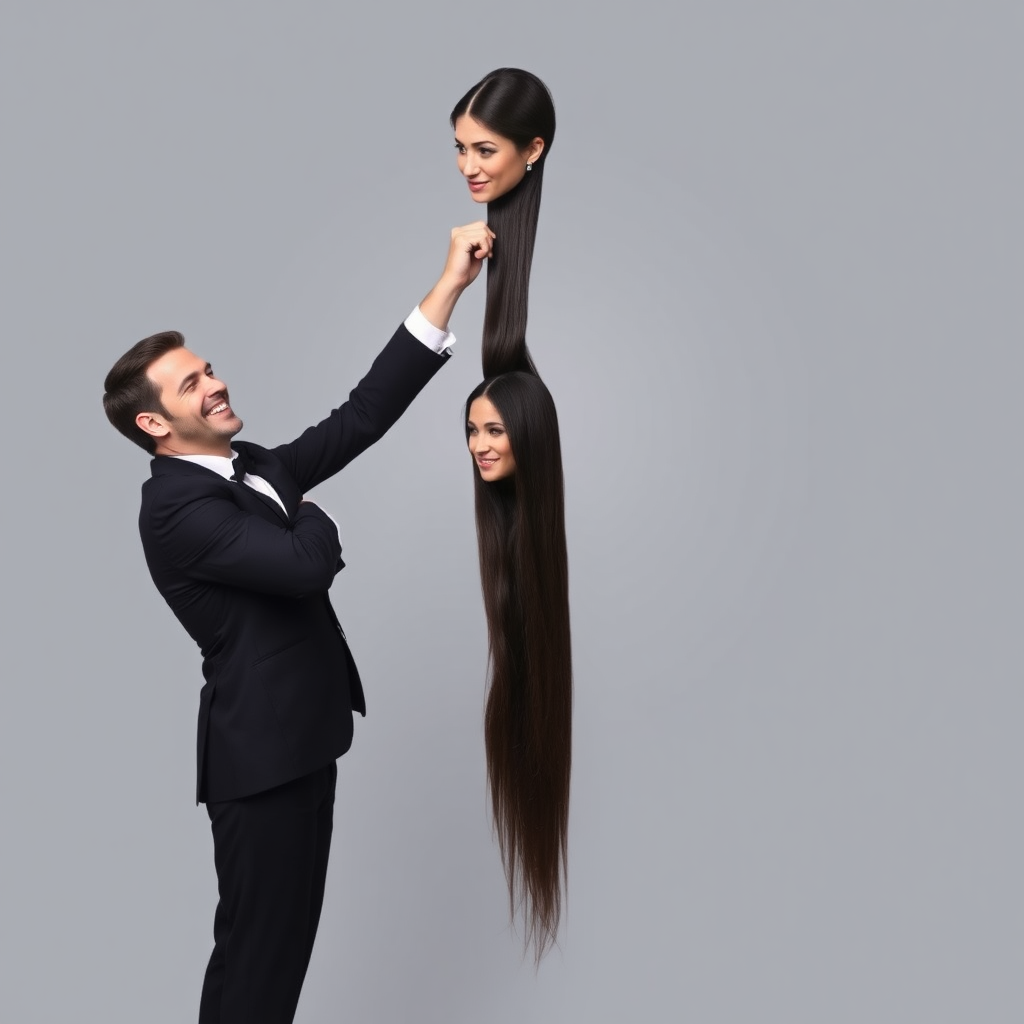 A surreal image of a smiling male magician standing to the side while holding up the disembodied head of a very long haired Meghan Markle by her hair to display it to the camera. He is grabbing her very long hair and pulling it up high in the air, while her head is hanging by her hair from his grasp. Plain gray background.