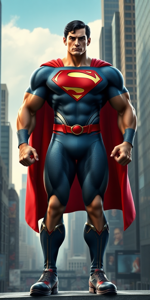 Create a photorealistic full-length image of Superman with the bodily attributes of R. Mika from Street Fighter. Depict him with Mika's muscular yet curvaceous physique, emphasizing broad shoulders, toned arms, and powerful thighs, while maintaining Superman's iconic costume and 'S' emblem. Place him in a dynamic pose, standing tall and confident in the heart of Metropolis, with skyscrapers and a bustling cityscape behind him. Ensure the image captures both the power of Superman and the strength and agility of R. Mika.