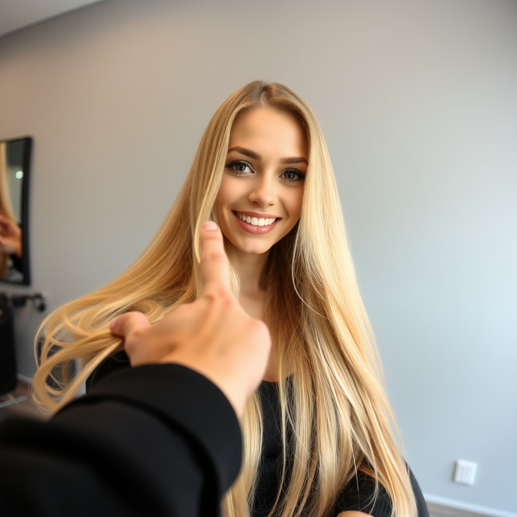 POV, beautiful very long haired blonde woman sitting in a hair salon smiling at the camera while I reach out from behind the camera to spread out her hair to display it to the camera. Plain gray background.