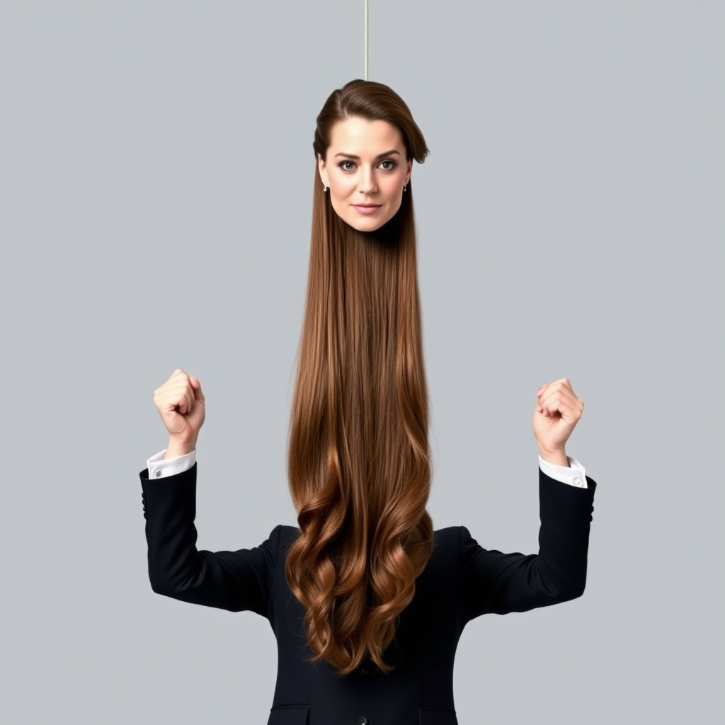 A surreal image of a magician holding up the disembodied head of a very long haired Kate Middleton. He is grabbing her very long hair and pulling it up high in the air, while her head is hanging by her hair from his grasp to display it to the camera. Plain gray background.