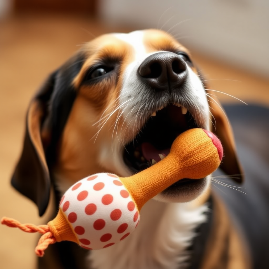 A dog biting a toy, close-up shot, side view of the head, stretching its neck, looking up, open the mouth.