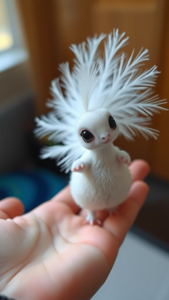 A small tiny cute chubby big eyes big perfect tail real white dancing peacock with tail on hand