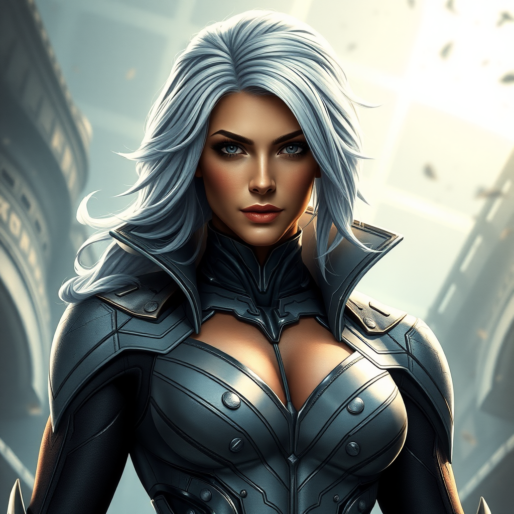 Create a full-length photorealistic image of a composite character combining Emma Frost's head, hairstyle, and facial features with the male body type of Marcus Fenix. Retain Emma Frost's iconic costume, adjusted for the new muscular build. Design a dynamic background that merges elements from both characters' universes, showcasing a blend of Frost's elegant, icy themes and Fenix's gritty, battle-worn environment. Ensure the final image captures the essence of both characters while presenting a unique, cohesive look.