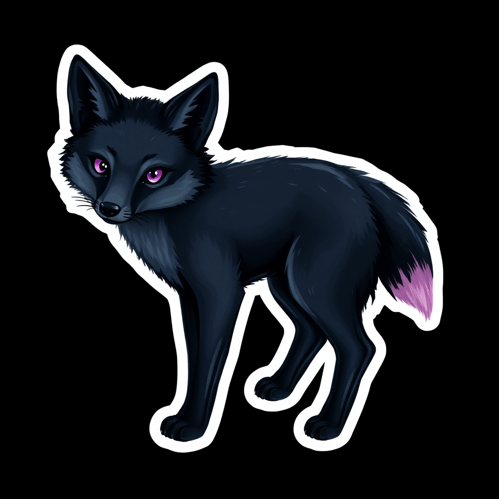 A sticker of an oil painted black fox with purple eyes and tail tip. Simple black background