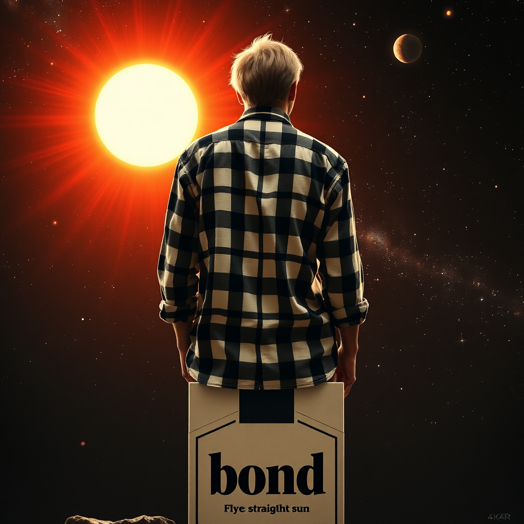 view from behind, a SCI-FI film poster, 1970 style poster, the blonde man in plaid shirt (white and black) standing on pack of cigarettes (with name "bond") that flies straight to the sun, universe, 4k, HDR