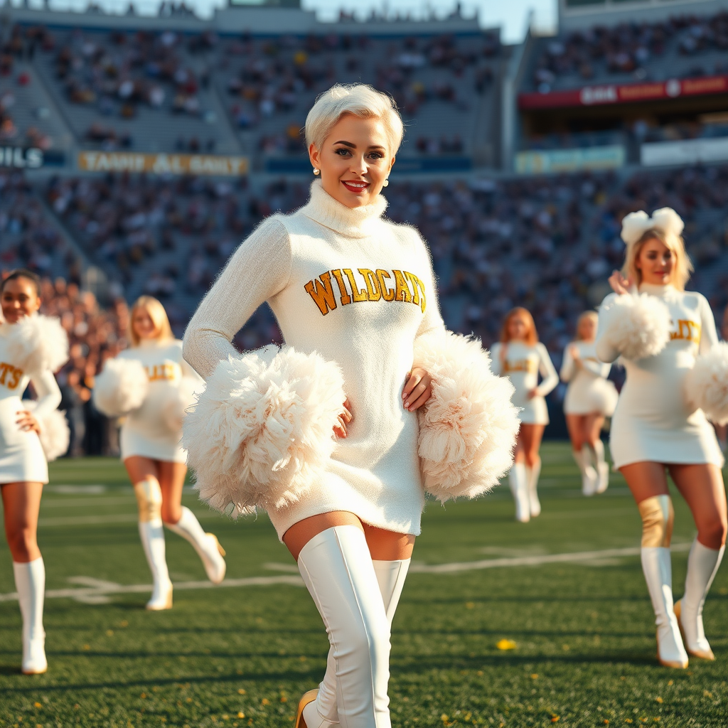 Sunny cold fall noon, college football stadium game, cheerleaders cheering for the home team: Ana, a 17-year-old European femboy who convincingly embodies the “QB’s trophy-bimbo,” tamed, servile, and docile, with a very beautiful, feminine, flawless face, a rather short boyish figure, platinum blond short tight curls, bold red lips, a heavily made-up face, wearing a Supertanya-style chunky, fluffy, very fuzzy bright white plushy mohair figure-hugging turtleneck knit dress with “gold” “WILDCATS” letters, white vinyl thigh-high boots with golden heels and white furry trimming, large gold-white pompoms, pearl earrings, leaning forward to present her assets in a way that irritates the visiting team.