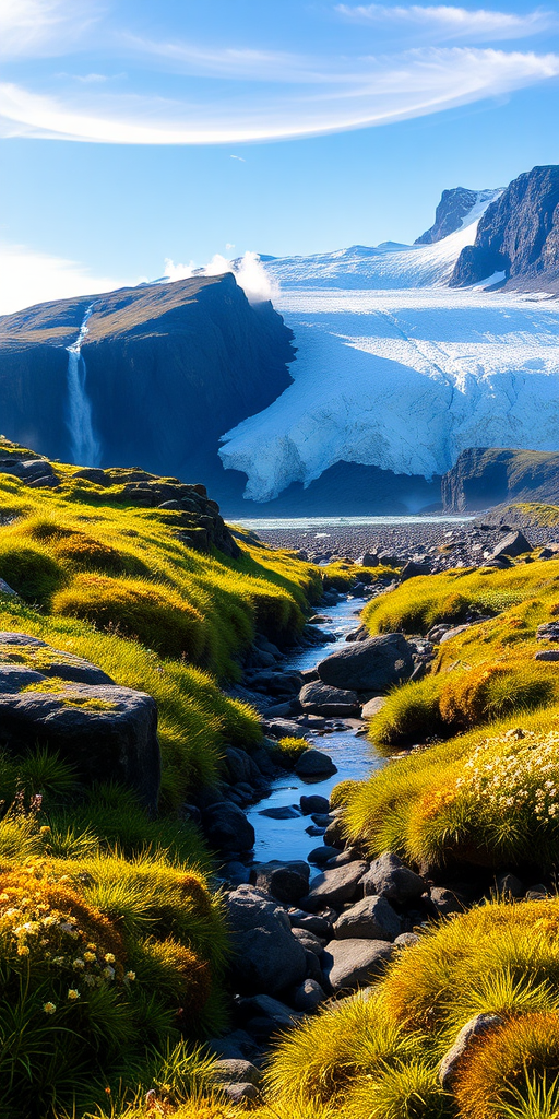 an ultra-realistic, highly detailed iPhone background of an Icelandic landscape with a glacier, rich in textures and natural elements. In the foreground, depict moss-covered green hills interspersed with dark volcanic rocks, weathered by time and detailed with cracks and patches of lichen. Scatter clusters of vibrant yellow and white wildflowers among the grass, and add tiny rivulets flowing over pebbles, their surfaces shimmering in the early morning light. Fine blades of grass, adorned with dewdrops, sway gently in the wind, reflecting the soft, golden glow of the rising sun.

In the middle ground, feature rugged cliffs and valleys carved by ancient glaciers, with every rock face showing signs of erosion, revealing layers of sediment and cracks. The glacier dominates the background, with deep blue crevasses cutting into the brilliant white surface. The ice reflects the light, and the glacier’s surface reveals intricate details—jagged ridges, windswept snow patterns, and patches of ice catching the sunlight. Small streams of meltwater run down from the glacier, carving tiny paths through the ice and rock.

Above, the sky is a crisp, clear blue, with wisps of thin clouds stretching across the horizon. Geothermal steam rises subtly from distant hot springs, adding a touch of atmospheric depth to the scene. In the distance, a waterfall cascades down a rocky cliff, with mist rising gently into the air. The color palette is rich, blending the vibrant greens of the moss, the deep blues and whites of the glacier, and the soft yellows of the sunlight, creating an immersive, lifelike scene filled with natural beauty and complex textures.