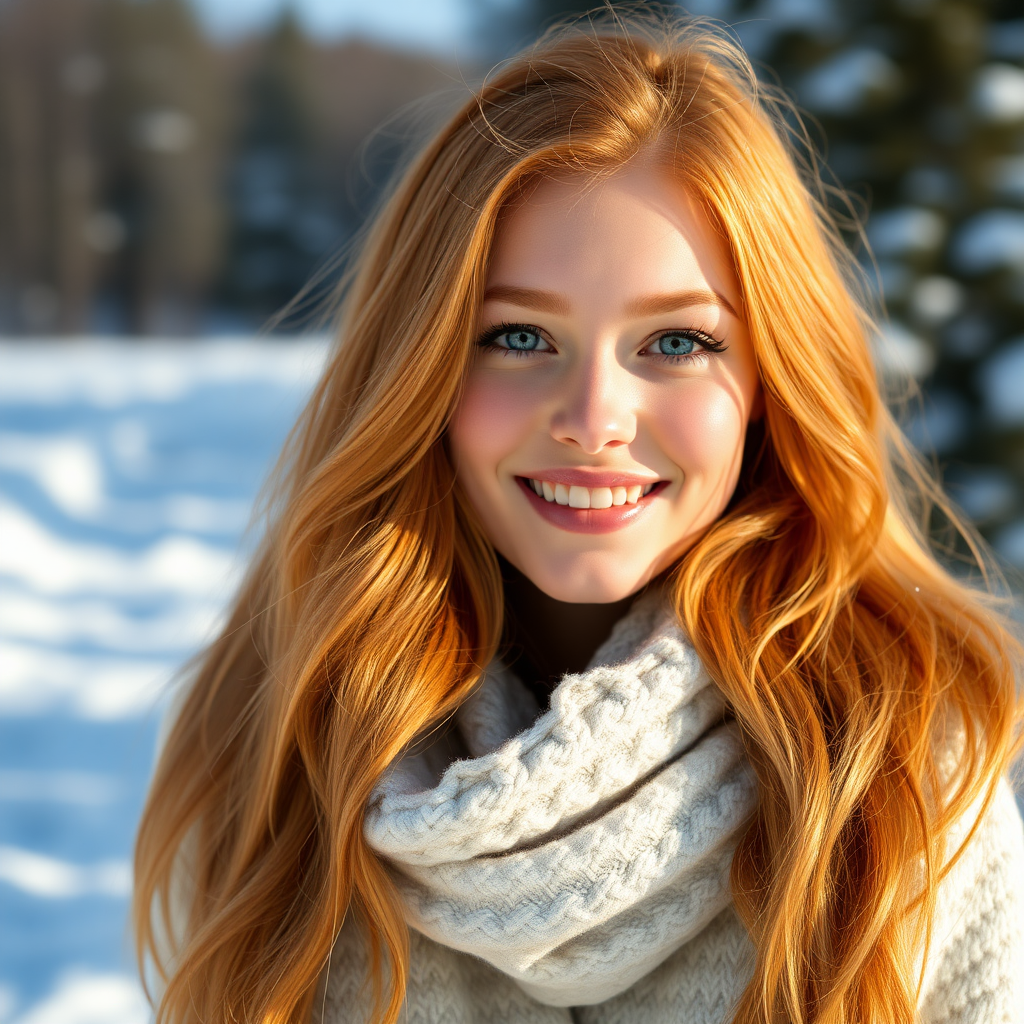 beautiful happy young woman with ginger cherry blonde long hair, full lips, perfect eyebrows, pale skin, on Alaska during winter in Anchorage on sunny snow day