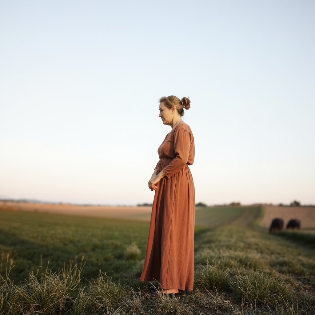 Old woman in a long dress in the Veneto countryside, hair tied up.