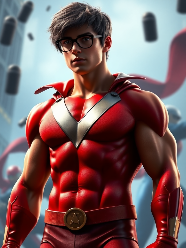 Create a full-length hyper-realistic render: Velma Dinkley, male body type of a chiseled superhero, defined muscles, V-shaped torso, Velma's head intact, modified silhouette. Background: dynamic superhero action scene.