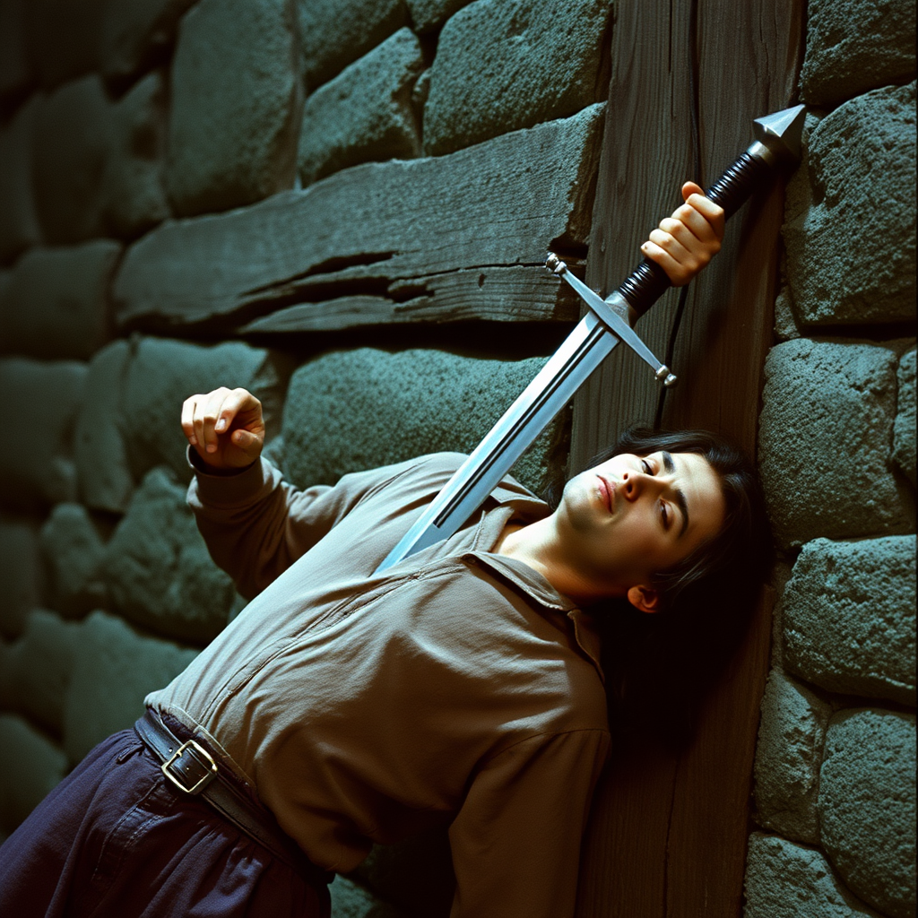 highly detailed realistic 35mm fantasy movie still photograph from 1981 of A human magic-user, impaled against a wall. The killing sword, still thrust through the body, is lodged in the wall, which has a large section of wood at this point.