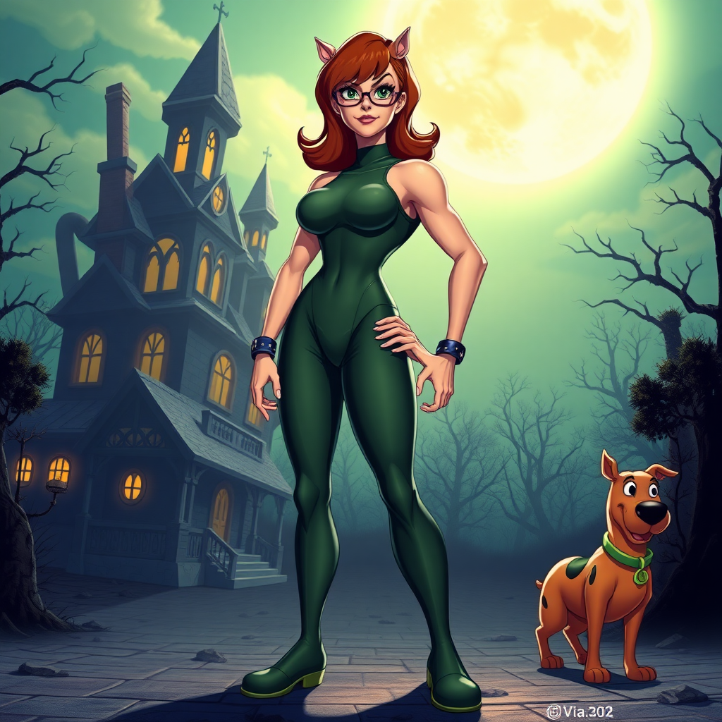 Create a full-length rendered image of a hybrid character inspired by Velma Dinkley, incorporating the silhouette of a male bodybuilder. Maintain the iconic costume elements, adjusting them to fit the new, muscular proportions. Design a vibrant background reflecting the essence of mystery and adventure, drawing inspiration from classic Scooby-Doo settings. Include elements like a spooky mansion or a dark forest, enhancing the overall atmosphere while keeping the character's playful yet intelligent vibe intact. Ensure the image captures a balance between strength and the classic charm of Velma's persona.